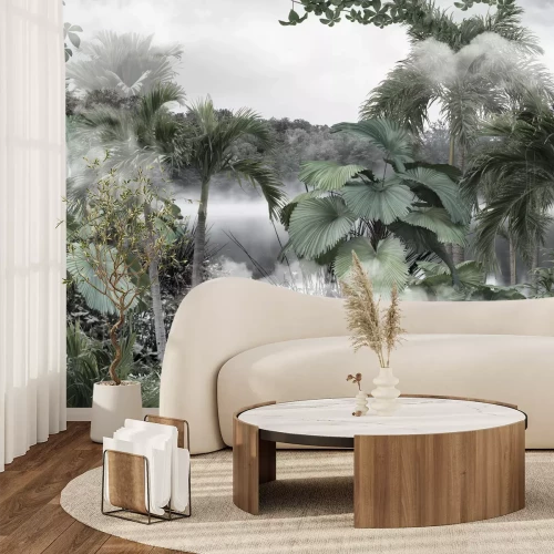 Fotobehang Tropical trees and leaves wallpaper design in foggy forest - 3D illustration