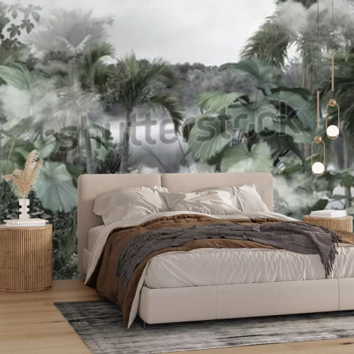 Fotobehang Tropical trees and leaves wallpaper design in foggy forest - 3D illustration