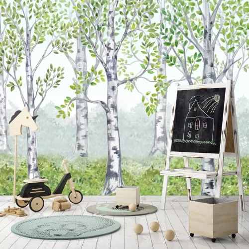 Fotobehang Een berkenbos in een sprookjesachtige illustratie