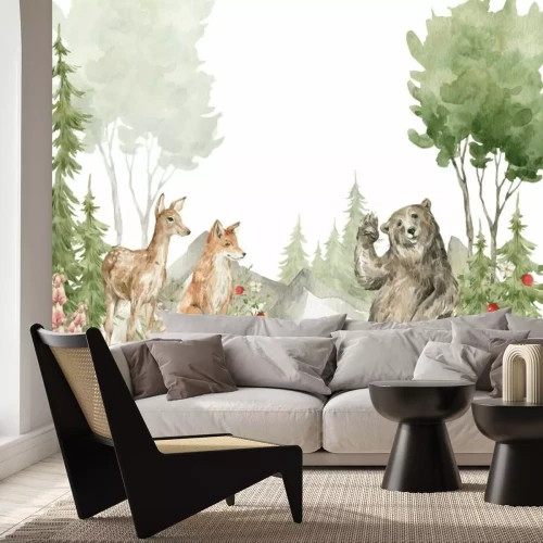 Fotobehang Aquarellandschap van bosdieren in de natuur