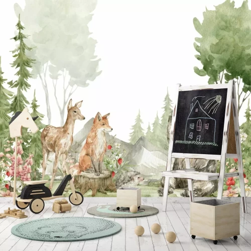 Fotobehang Aquarellandschap van bosdieren in de natuur