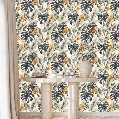 Behang Tropisch patroon met monstera en strelitzia
