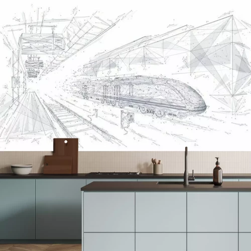 Fotobehang Abstract low poly 3d wireframe of modern train at railway station or metro. Vector sketch drawing with connected dots. Rapid transit system, transportation, railway logistics concept isolated in white