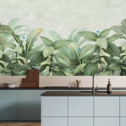 Fotobehang Tropische planten en kleine blauwe bloemen