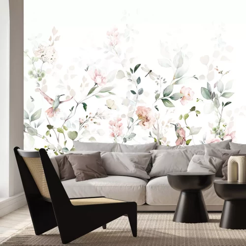 Fotobehang Vogels tussen aquarel takjes op witte achtergrond