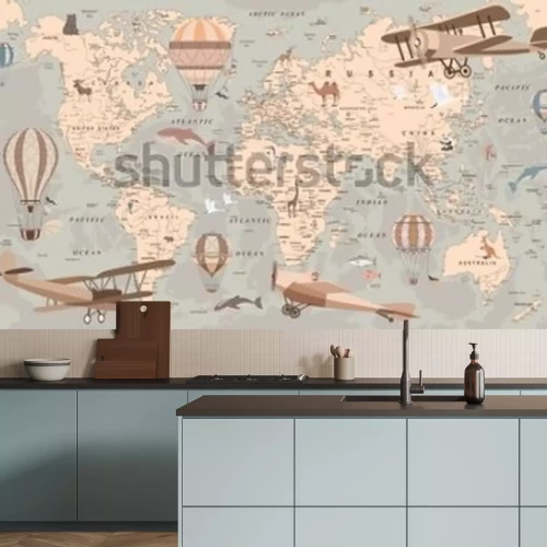 Fotobehang Retro kinderkaart met ballonnen en vliegtuigen