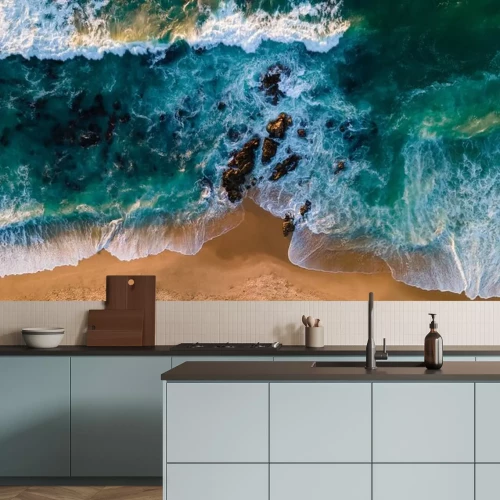 Sticker Perspectief op een strand met turkoois water