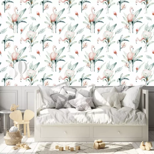 Behang Flamingo's in hoog exotisch struikgewas