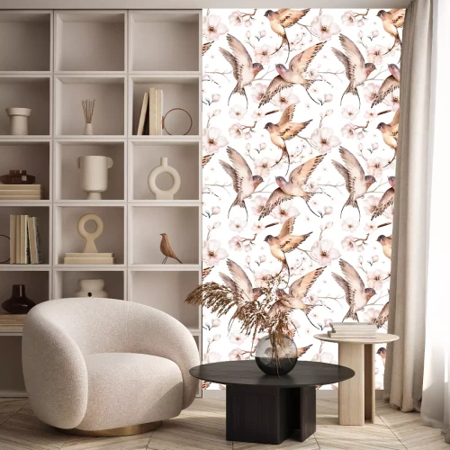 Behang Aquarel zwaluwen op de achtergrond van lentebloemen