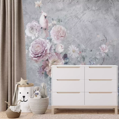 Fotobehang Vogels tussen bloemen op een grijze betonnen achtergrond