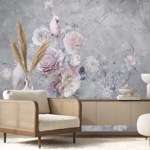 Fotobehang Vogels tussen bloemen op een grijze betonnen achtergrond