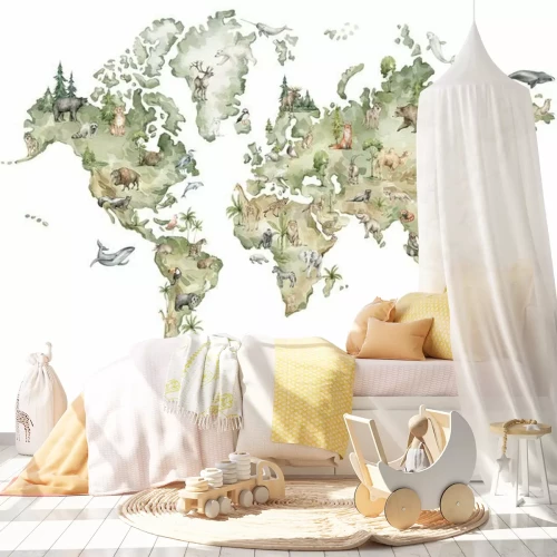 Fotobehang Aquarel wereldkaart met dieren