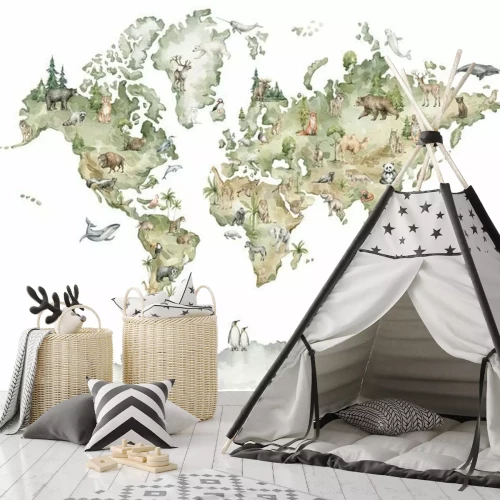 Sticker Aquarel wereldkaart met dieren