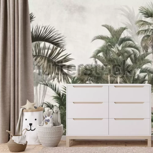 Fotobehang Tropical trees and leaves wallpaper design in foggy forest - 3D illustration