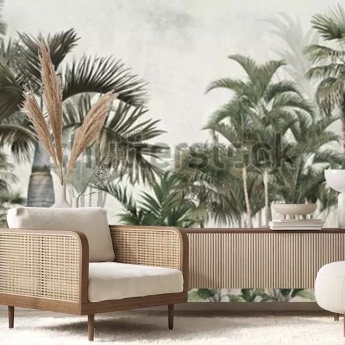 Fotobehang Tropical trees and leaves wallpaper design in foggy forest - 3D illustration