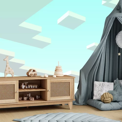 Fotobehang Eight-bit clouds in the blue sky. Pixel background in the style of eight-bit games. Vector illustration 