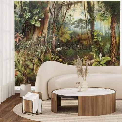 Fotobehang Vintage drawing of tropical forest plants from the beginning of 20th century period - Picture from Meyers Lexicon books collection (written in German language) published in 1908, Germany.