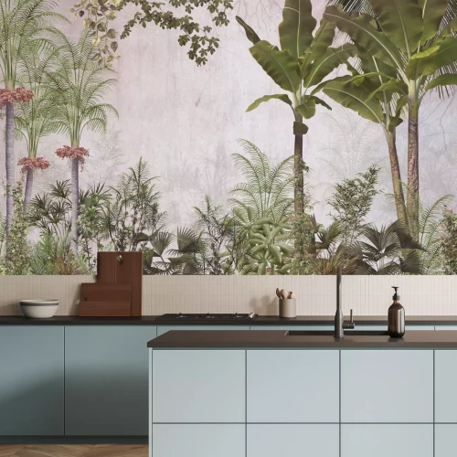 Fotobehang Tropical trees and leaves wallpaper design in foggy forest - 3D illustration