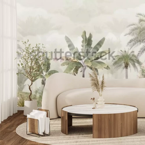 Fotobehang Tropical trees and leaves wallpaper design in foggy forest - 3D illustration