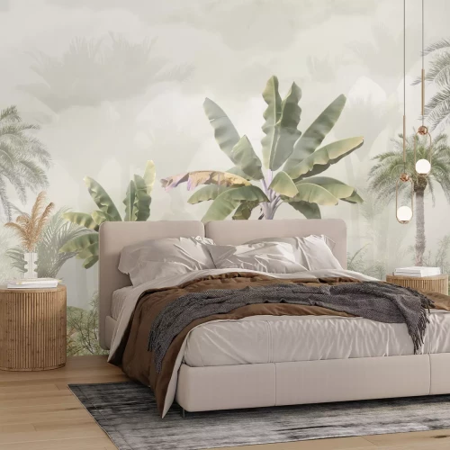 Fotobehang Tropical trees and leaves wallpaper design in foggy forest - 3D illustration