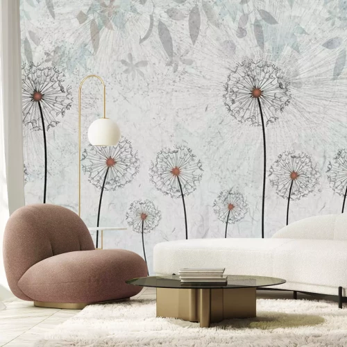 Fotobehang Abstracte compositie van paardenbloemen op een betonnen achtergrond