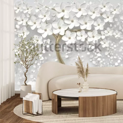 Fotobehang 3D-boom met witte bloemen