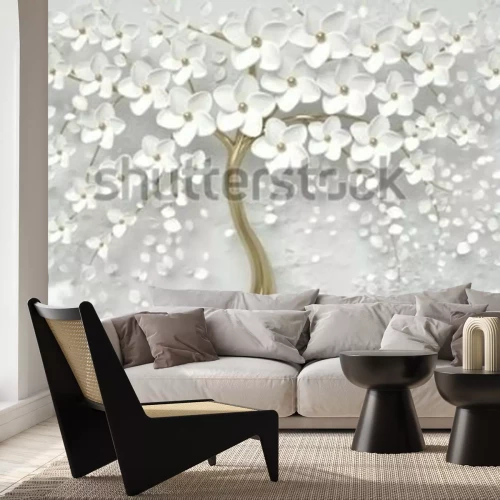 Fotobehang 3D-boom met witte bloemen