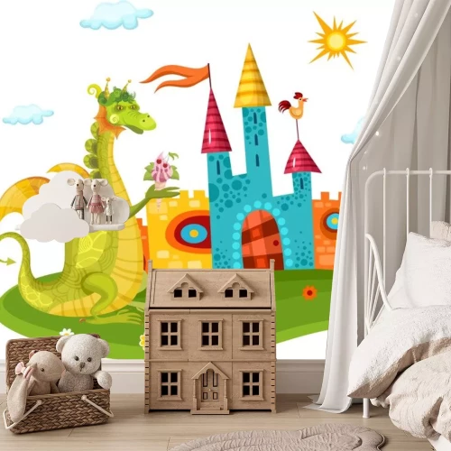 Sticker Een felgroene draak naast een sprookjesachtig veelkleurig kasteel