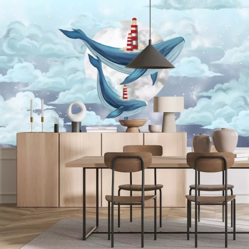 Fotobehang Walvissen zwemmen in de lucht tussen de wolken - kinderpatroon