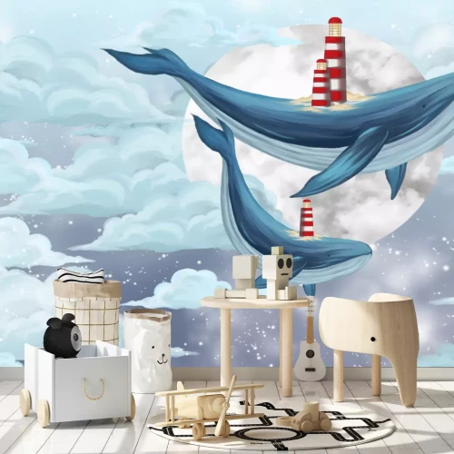 Fotobehang Walvissen zwemmen in de lucht tussen de wolken - kinderpatroon