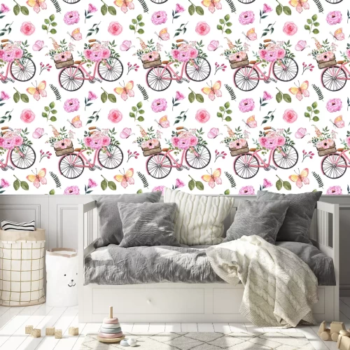 Behang Retro motief met roze fiets en waterverfbloemen