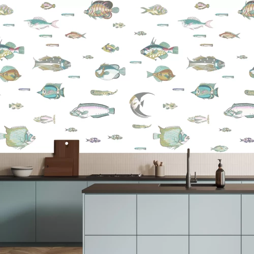 Fotobehang Surrealistische vissen op een witte achtergrond