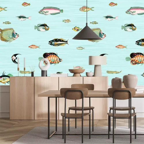 Fotobehang Vissen op een blauwe achtergrond