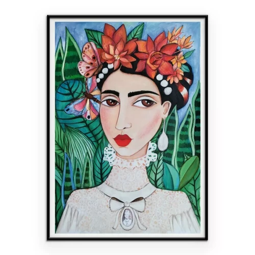 Poster Frida Kahlo met een krans in boho-stijl.