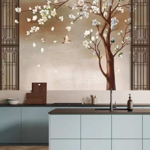 Fotobehang 3d illustration, spotted blurred background, brown vertical frames, tall tree with magnolia flowers