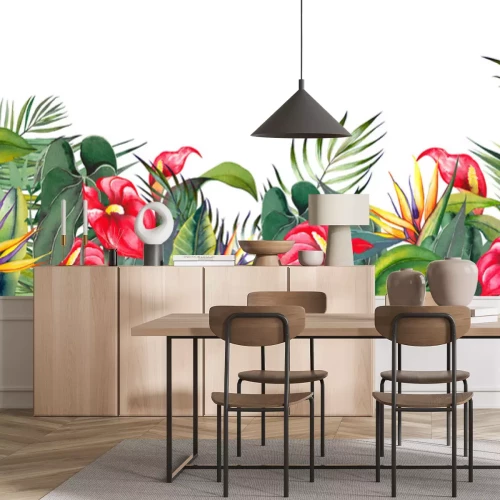 Sticker Rode bloemen en groene bladeren van tropische planten