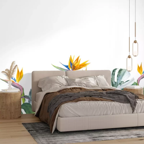 Sticker Tropische bladeren en strelitzia's op een witte achtergrond