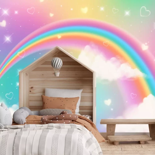 Fotobehang Holographic fantasy rainbow unicorn background with clouds. Pastel color sky. Magical landscape, abstract fabulous pattern. Cute candy wallpaper. Vector.
