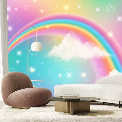 Fotobehang Holographic fantasy rainbow unicorn background with clouds. Pastel color sky. Magical landscape, abstract fabulous pattern. Cute candy wallpaper. Vector.