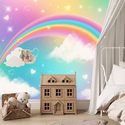Fotobehang Holographic fantasy rainbow unicorn background with clouds. Pastel color sky. Magical landscape, abstract fabulous pattern. Cute candy wallpaper. Vector.