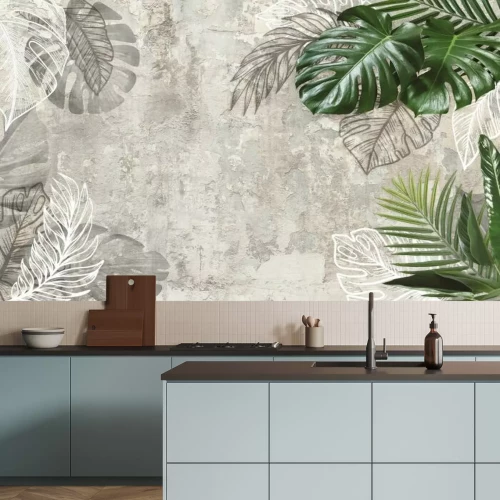 Fotobehang Verouderde achtergrond met tropische bladeren