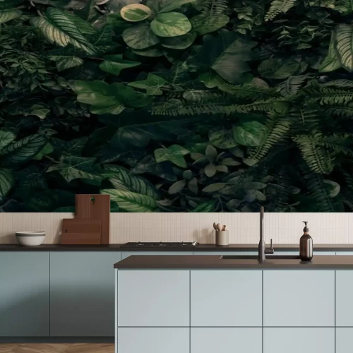 Fotobehang Donkergroene botanische bladerenachtergrond