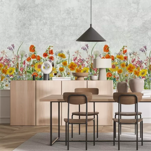 Fotobehang Kleurrijke wilde bloemen op een betonnen achtergrond