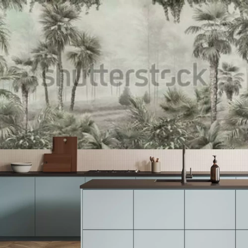 Fotobehang Tropical trees and leaves for digital printing wallpaper, custom design wallpaper - 3D illustration