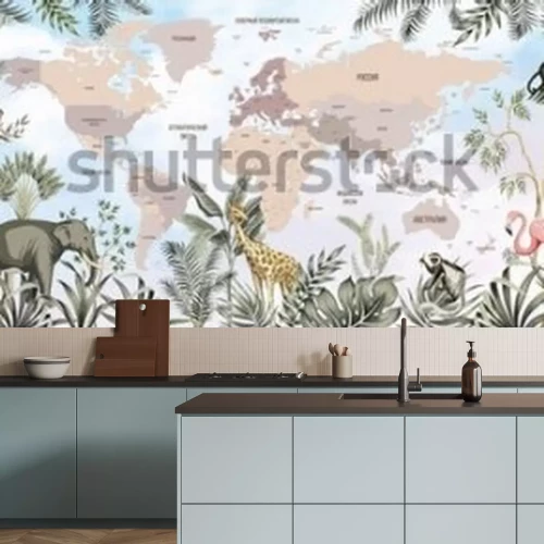 Fotobehang Children's world map. World map with the names of countries in Russian. Russia, America, Africa, Australia, Europe, Antarctica. A drawn map of the world with animals.