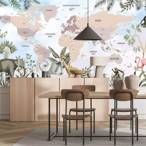 Fotobehang Children's world map. World map with the names of countries in Russian. Russia, America, Africa, Australia, Europe, Antarctica. A drawn map of the world with animals.