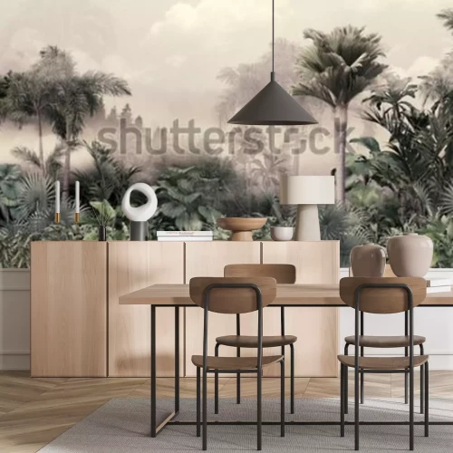 Fotobehang Tropical trees and leaves wallpaper design in foggy forest - 3D illustration