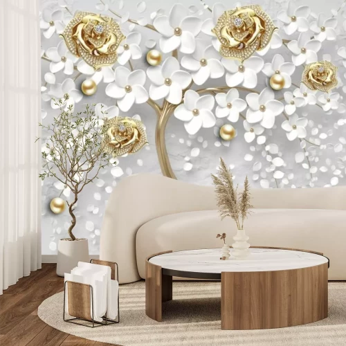 Fotobehang Witte bloemen en gouden rozen in sieradenstijl