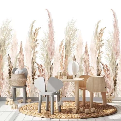 Sticker Watercolor pampas grass seamless border. Boho dried grass and leaves neutral colors bouquet. Botanical nature design isolated on white. Bohemian style wedding invitation, greeting, card, postcard