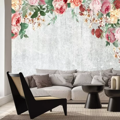 Fotobehang Rozen in verschillende kleuren op een betonnen textuur